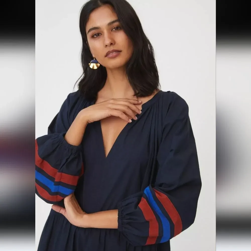 SUNDRY Tiered Midi Dress With Varsity Stripe In Blue Size 0 Or  XS - Picture 16 of 16